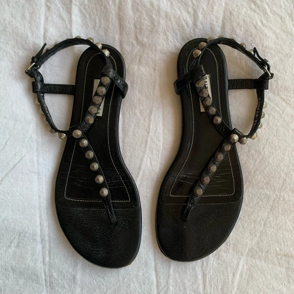 Vintage Balenciaga Arena Silver Stud Leather Thong T Sandals Black